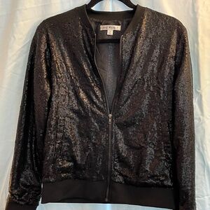 Say What? Ladies Sequined Bomber Jacket Coat Moto Zip Front Long Sleeve